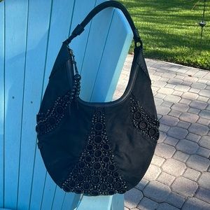 Vintage Cole Haan Alyssa Bead Hobo Bag- black canvas with bead embellishment EUC